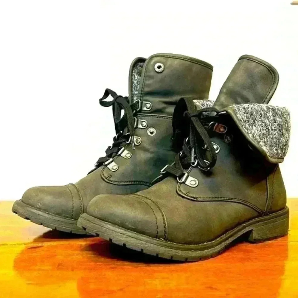 Roxy Combat Boots Lined Size 6.5 Black Fold Down Cozy Warm Lace Up Footwear Cute - Picture 2 of 8